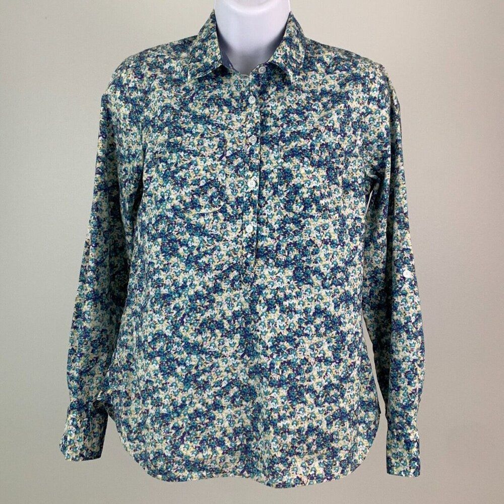 Talbots Blouse sz 4P Floral Print 1/2 Button Roll Tab Sleeves Cotton